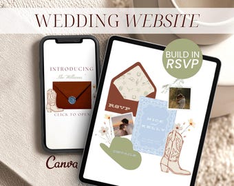 May include: A smartphone and tablet displaying a wedding website template. The screen shows text reading WEDDING WEBSITE, BUILD IN RSVP, INTRODUCING The Williams, CLICK TO OPEN, RSVP, NICK AND KELLY, and DETAILS, alongside illustrations of cowboy boots, envelopes, and photos.