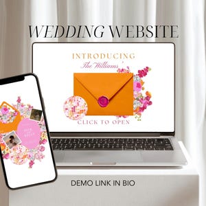 May include: A laptop and a smartphone displaying a wedding website template. The screens feature an orange envelope with a pink wax seal, a disco ball, and floral graphics. The laptop screen displays the text INTRODUCING The Williams' CLICK TO OPEN.
