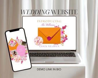 Disco Floral Wedding Website Template, Orange Pink Envelope Opening, Editable Canva Website, Built-In RSVP, Mobile & Tablet Responsive