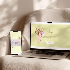 May include: A laptop and smartphone sit on a cream-colored armchair. The laptop displays a website with floral graphics and the word "Rosep." The smartphone shows a similar design. The scene is bathed in soft light, suggesting a focus on digital design or event planning.