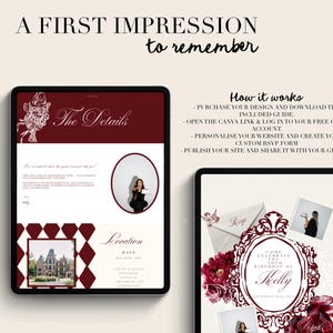 Pu&ograve; includere: Due tablet digitali che mostrano modelli di design per eventi. Il primo tablet mostra un design bordeaux e bianco con il testo "The Details" e una foto. Il secondo tablet presenta una cornice floreale con il testo "Come Celebrate the 30th Birthday of Shelly".