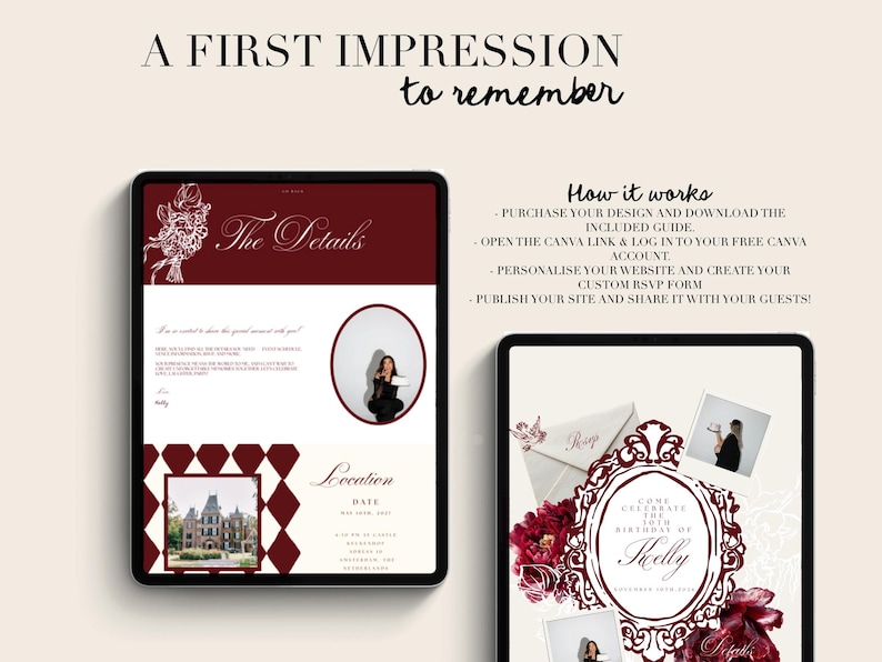 Pu&ograve; includere: Due tablet digitali che mostrano modelli di design per eventi. Il primo tablet mostra un design bordeaux e bianco con il testo "The Details" e una foto. Il secondo tablet presenta una cornice floreale con il testo "Come Celebrate the 30th Birthday of Shelly".