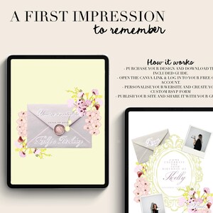 May include: Digital invitation design displayed on a tablet. The design features a light gray envelope with floral accents and the text "You're invited to..." and "Bride's Wedding". The tablet is set against a cream background with the text "A FIRST IMPRESSION to remember".