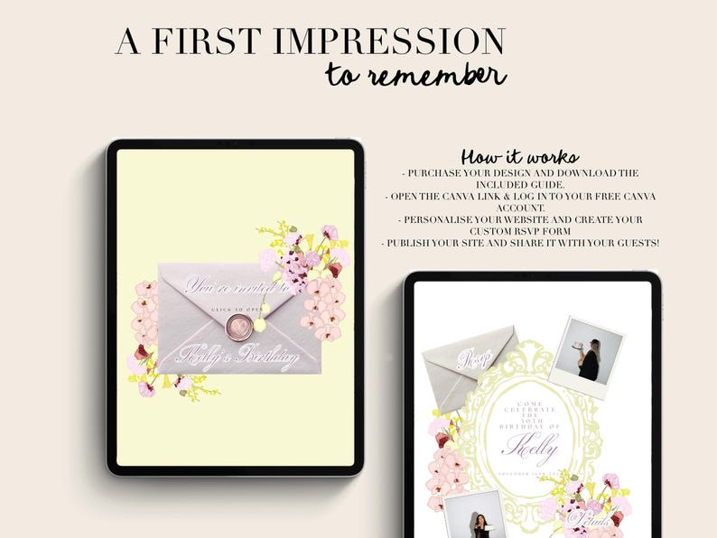 May include: Digital invitation design displayed on a tablet. The design features a light gray envelope with floral accents and the text "You're invited to..." and "Bride's Wedding". The tablet is set against a cream background with the text "A FIRST IMPRESSION to remember".