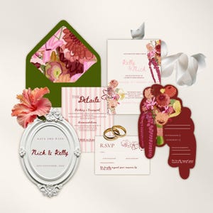 May include: Wedding stationery set featuring a green envelope with a floral pattern, invitation cards, RSVP cards, and a decorative frame with the text "Nick & Kelly". Includes gold wedding rings and a bouquet.