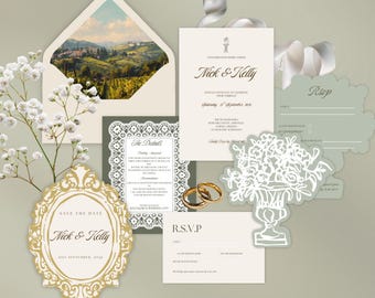 May include: Wedding stationery set featuring an invitation, RSVP card, and details card. The invitation has the names "Nick & Kelly" and the date "21st September, 2020". The set includes gold wedding rings and a decorative floral element.