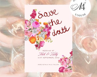 Disco Floral Save the Date Template, Hand Lettered Blush Pink Editable Canva Template, Disco Ball Bouquet Wedding Announcement