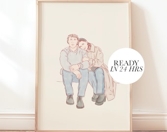 Retrato de pareja en acuarela personalizado: Impresión de líneas personalizada