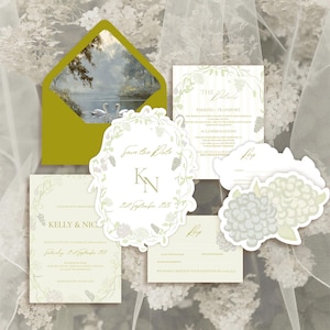May include: A collection of wedding stationery including invitations, RSVP cards, and a "Save the Date" card. The set features floral and grape vine designs, with the names "Kelly & Nic" and the date "21st September, 2015". The envelope is green.