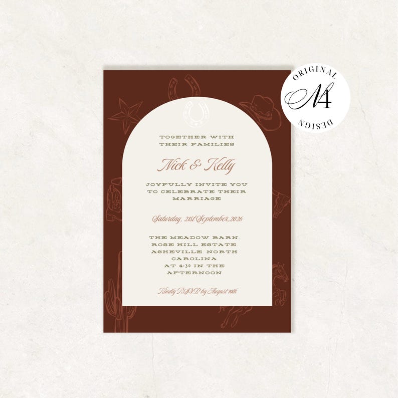 May include: A rectangular wedding invitation card with a dark brown background featuring line art of western icons like horseshoes, cowboy hats, and cacti. A central cream-colored arch contains text announcing the marriage of Nick and Kelly.