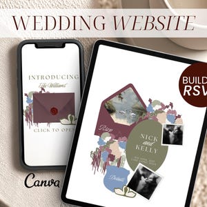 May include: A smartphone and tablet displaying a wedding website template with the text WEDDING WEBSITE, INTRODUCING The Williams, CLICK TO OPEN, BUILD IN RSVP, NICK and KELLY, MAY 30TH, 2037, LAKE COMO, ITALY, RSVP, and DETAILS, featuring floral graphics.