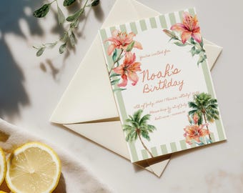 Birthday Invitation Tropical Birthday Invite Any Age Aloha Summer Party Hawaiian Floral Hibiscus EDITABLE Template Birthday Invitation Canva