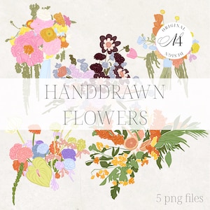 May include: A digital collection of hand-drawn flower illustrations featuring various colorful floral bouquets. The image includes the text HANDDRAWN FLOWERS and 5 png files, along with a circular logo containing the text ORIGINAL DESIGN M4.