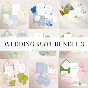 May include: A collection of nine wedding stationery suites featuring various envelopes, invitation cards, RSVP cards, and decorative paper cutouts in diverse color palettes including pastel pinks, blues, greens, and floral patterns with the text WEDDING SUITE BUNDLE 3.
