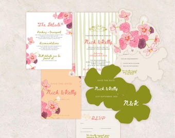 May include: A collection of wedding stationery featuring floral designs and the names "Nick & Kelly." The set includes invitations, RSVP cards, and a "Save the Date" card. The color palette includes pink, peach, and green.