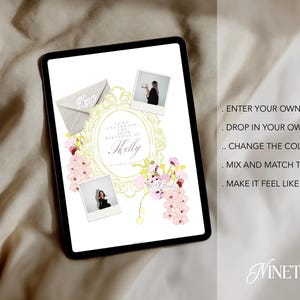 May include: A digital invitation design displayed on a tablet. The design features a floral frame, two photos, and an envelope. Text includes "Come Celebrate the 30th Birthday of Skelly". Additional text: "Enter your own details, drop in your own photos, change the colors, mix and match the icons, make it feel like you."