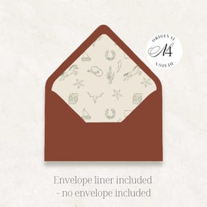 May include: A rust-colored envelope with an open flap revealing a cream-colored liner featuring a repeating pattern of green line-art illustrations including horses, cowboy hats, cacti, horseshoes, stars, and skulls. Text reads Original M4 Design.