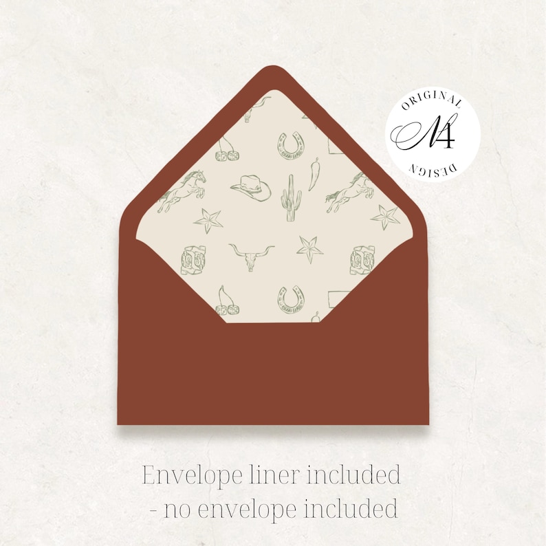 May include: A rust-colored envelope with an open flap revealing a cream-colored liner featuring a repeating pattern of green line-art illustrations including horses, cowboy hats, cacti, horseshoes, stars, and skulls. Text reads Original M4 Design.