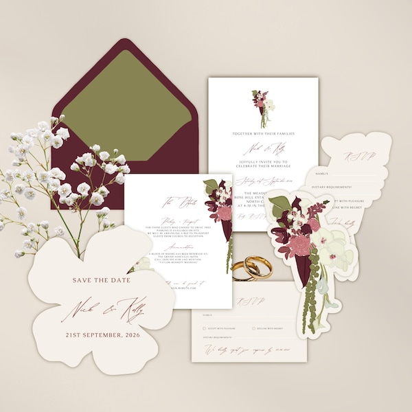 Burgundy & Beige Garden Wedding Invitation Suite Template