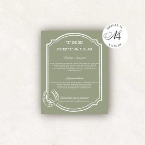May include: A sage green rectangular wedding details card featuring a white decorative border, a horseshoe graphic, and white text. The card includes information about parking, transport, and hotel accommodations, with a website link at the bottom.