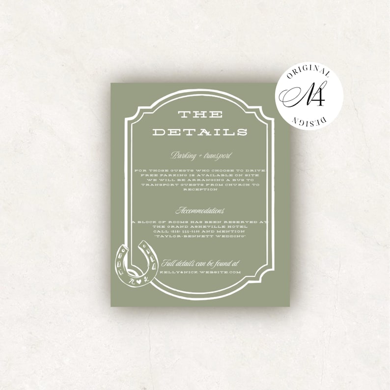 May include: A sage green rectangular wedding details card featuring a white decorative border, a horseshoe graphic, and white text. The card includes information about parking, transport, and hotel accommodations, with a website link at the bottom.