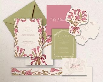 Puede incluir: Un conjunto de papelería de boda que incluye un sobre verde salvia, una invitación principal con bordes de calas rosas, una tarjeta de detalles rosa, un ramo de calas troquelado, una tarjeta de detalles verde salvia y una tarjeta RSVP.