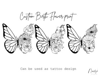 Custom Family Birth Flower / Butterfly Bouquet , Birth Month Flower , Flower Tattoo Design , Butterfly Tattoo Design, Birth Design Custom