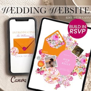 Op de afbeelding: Een smartphone en tablet met een digitale trouwwebsite-sjabloon. De schermen tonen bloemmotieven, een oranje envelop met een waszegel, een roze ovaal met de tekst NICK and KELLY en een discobal-afbeelding met het label DETAILS.