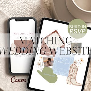 May include: A smartphone and a tablet displaying a digital wedding website template. The screen shows a collage of a brown envelope, a blue card with the text Nick and Kelly, a photo of a couple, a cowboy boot illustration, and a green shape with the text DETAILS. A circular badge reads BUILD IN RSVP.