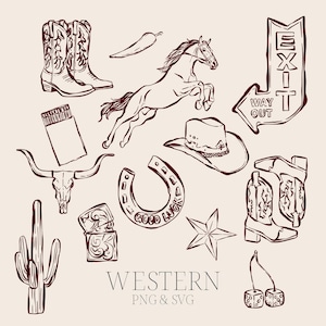 May include: A collection of dark brown line art illustrations featuring a pair of cowboy boots, a chili pepper, a jumping horse, an exit sign, a matchbox, a longhorn skull, a horseshoe with the text GOOD LUCK, a cowboy hat, a star, and dice.