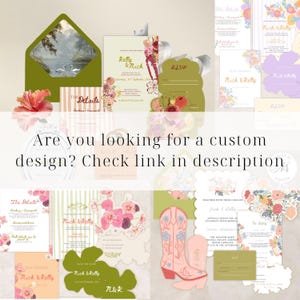 May include: A collection of wedding stationery featuring floral illustrations, olive green envelopes with swan imagery, and pink cowboy boot designs. The text reads: Are you looking for a custom design? Check link in description.