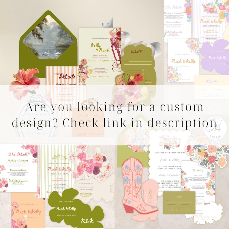 May include: A collection of wedding stationery featuring floral illustrations, olive green envelopes with swan imagery, and pink cowboy boot designs. The text reads: Are you looking for a custom design? Check link in description.