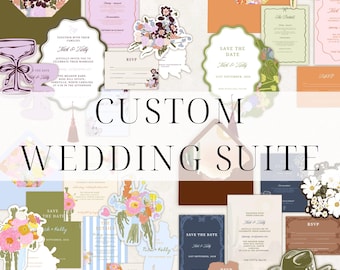 Op de afbeelding: Een collectie trouwkaarten inclusief uitnodigingen, RSVP-kaarten en enveloppen in diverse kleuren zoals olijfgroen, marineblauw en oranje, voorzien van bloemillustraties, geschulpte randen en de tekst CUSTOM WEDDING SUITE.
