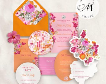 Disco Floral Wedding Invitation Suite Template, Pink Orange Editable Canva Bundle, Save the Date, RSVP, Details Card, Envelope Liner