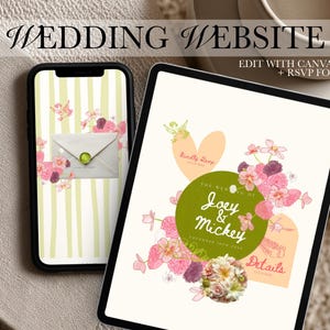 May include: A smartphone and tablet display a wedding website design. The phone shows an envelope graphic with flowers on a striped background. The tablet features a floral design with the text "The Wedding of Joey & Mickey". The words "Wedding Website" are at the top.