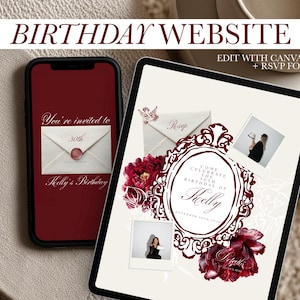 Peut inclure: Une maquette de site web d'invitation d'anniversaire numérique, affichée sur un smartphone et une tablette. Le design présente un thème bordeaux avec des accents floraux, des enveloppes et le texte "BIRTHDAY WEBSITE". L'invitation comprend le texte "You're invited to Kelly's Birthday".