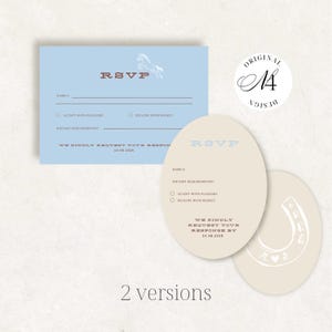 May include: A rectangular light blue RSVP card with a horse illustration and dark red text, alongside two oval beige RSVP cards featuring a horseshoe graphic, the text RSVP, and the date 10.08.2026. The cards include lines for names and dietary requirements.