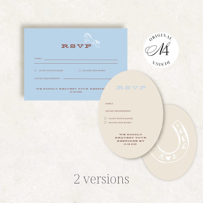 May include: A rectangular light blue RSVP card with a horse illustration and dark red text, alongside two oval beige RSVP cards featuring a horseshoe graphic, the text RSVP, and the date 10.08.2026. The cards include lines for names and dietary requirements.
