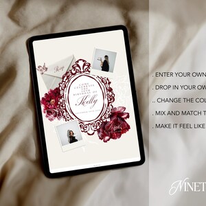 Pu&ograve; includere: Un tablet digitale mostra un design di invito di compleanno. Il design presenta una cornice floreale bordeaux con il testo "Come Celebrate the 30th Birthday of Shelly". Il testo aggiuntivo include "Enter your own details" e "Make it feel like you".