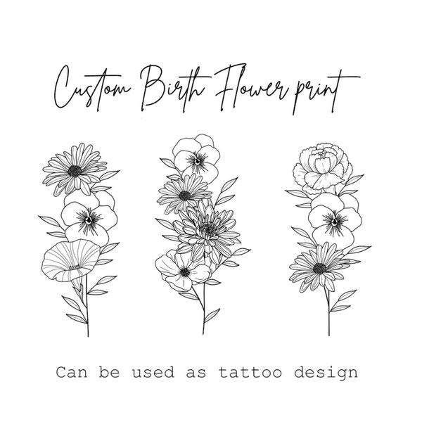 Custom Family Birth Flower Bouquet , Birth Month Flower , Flower Tattoo Design ,  Birth Flowers Line Art Print , Birth Logo Design Custom
