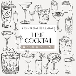 Könnte beinhalten: Eine Sammlung von schwarz-weißen Strichzeichnungen, die verschiedene Cocktails in unterschiedlichen Gläsern zeigen, darunter Martinigläser, Highball-Gläser und Tumbler. Der Text lautet COMMERCIAL USE CLIPART LINE COCKTAIL 28 SVG & 28 PNG.