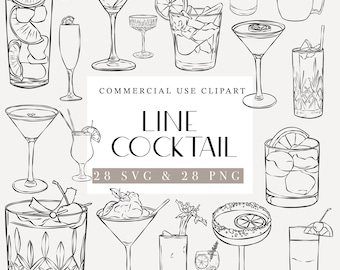 Op de afbeelding: Een verzameling zwart-wit lijntekeningen met diverse cocktails in verschillende glazen, waaronder martiniglazen, highball-glazen en tumblers. De tekst luidt COMMERCIAL USE CLIPART LINE COCKTAIL 28 SVG & 28 PNG.