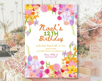 Hand Drawn Garden Birthday Invitation, Teen Girl Party Invite, | Printable Canva Template