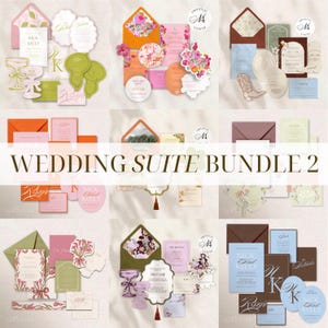 May include: A collection of nine distinct wedding stationery suites featuring various envelopes, invitation cards, RSVP cards, and decorative paper cutouts in diverse color palettes, including floral, western, and modern designs with the text WEDDING SUITE BUNDLE 2.