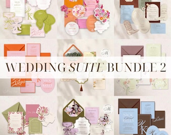 Paquete de 9 conjuntos de invitaciones de boda editables para Canva: diseños coloridos, occidentales, florales e italianos.