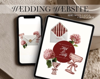 Op de afbeelding: Een smartphone en tablet tonen een ontwerp voor een trouwwebsite. Het ontwerp bevat illustraties van een cocktailglas, envelop en roze bloemen. De tekst "WEDDING WEBSITE" staat bovenaan, met daaronder "EDIT WITH CANVA + RSVP FORM".