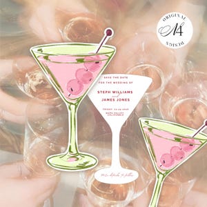 May include: A die-cut save the date card shaped like a martini glass with a pink cocktail and three olives on a pick. The text reads: SAVE THE DATE FOR THE WEDDING OF STEPH WILLIAMS AND JAMES JONES, FRIDAY, 22.24.2025, NAPA VALLEY, CALIFORNIA.