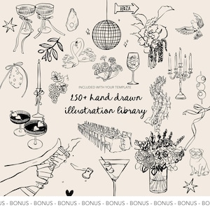 Pu&ograve; includere: Illustrazioni in bianco e nero disegnate a mano di elementi di festa e celebrazione. Include calici di champagne, una palla da discoteca, fiori, un bicchiere da martini e il testo "250+ hand drawn illustration library".