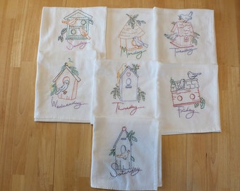 Embroidered Flour Sack Towels - Flour Sack Dish Towels - Hand Embroidered Towels for Kitchen - Unique Housewarming Gift- Set of 7