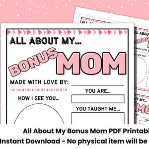 Op de afbeelding: Een afdrukbaar PDF-document getiteld "Alles over mijn bonusmoeder" met invulsecties. Het ontwerp bevat roze en zwarte tekst met decoratieve driehoeken. Het document is ontworpen als een persoonlijk cadeau.